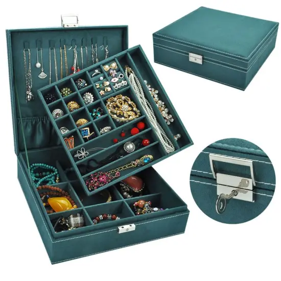 Kitcheniva Two-Layer Lint Jewelry Box Organizer With Lock Green {4}