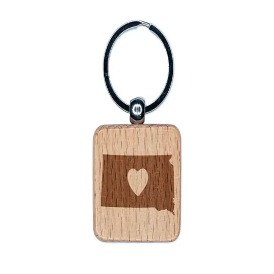 South Dakota State with Heart Engraved Wood Square Keychain Tag Charm {1}