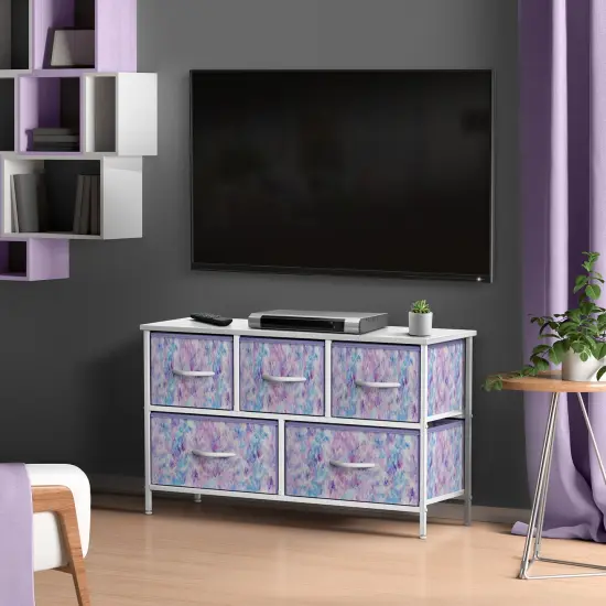 Sorbus Dresser with 5 Drawers - Storage Chest Organizer Unit with Steel Frame, Wood Top, Easy Pull Fabric Bins - Long Wide TV Stand for Bedroom Furniture, Hallway, Closet & Office Organization Tie Dye Purple {2}