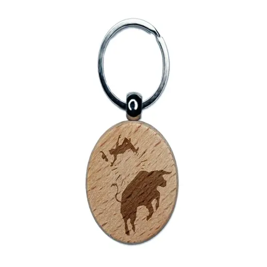Rodeo Bull Bucking Throwing Cowboy Engraved Wood Round Keychain Tag Charm {1}