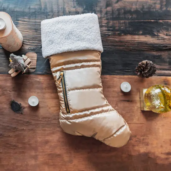 Matte Gold Puffer Christmas Stocking with Faux Sherpa {2}