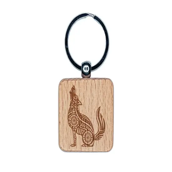 Folk Art Wolf Engraved Wood Square Keychain Tag Charm {1}
