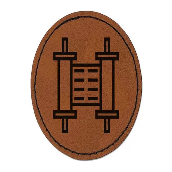 Torah Scroll Jewish Symbol Israel Round Iron-On Engraved Faux Leather Patch Applique - 2.5" Brown {1}