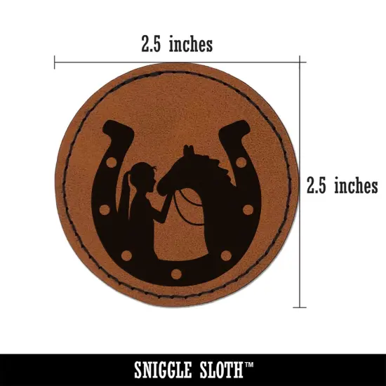 Horseshoe Horse and Girl Round Iron-On Engraved Faux Leather Patch Applique - 2.5" Brown {3}