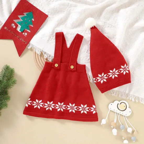 Baby Geometric Print Pattern Strap Design Dress & Christmas Hat Sets {3}