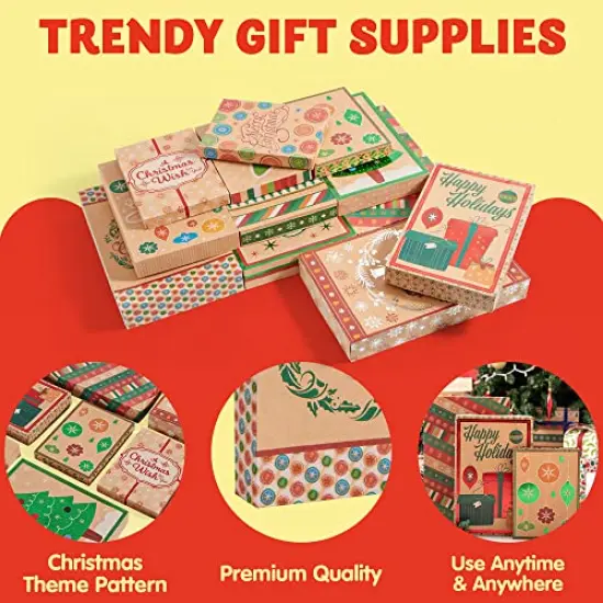 JOYIN 12 Christmas Foil Kraft Gift Boxes with 3 Sizes (Robe, Shirt and Lingerie Boxes) for Xmas Goody Gift Boxes, School Classrooms Party Favors Decoration, Holiday Present Wrap Décor {6}