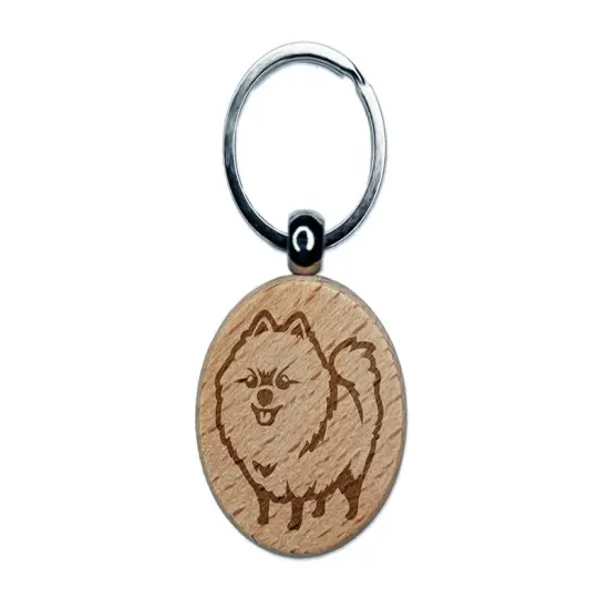 Perky Pomeranian Pup Dog Pet Engraved Wood Round Keychain Tag Charm {1}