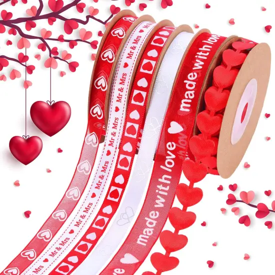 6 Pieces Valentine's Day Ribbons Printed Heart Wired Ribbons Craft Satin Ribbons for Gift Wrapping DIY Supplies {2}