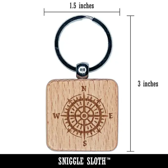 Nautical Compass Engraved Wood Square Keychain Tag Charm {2}