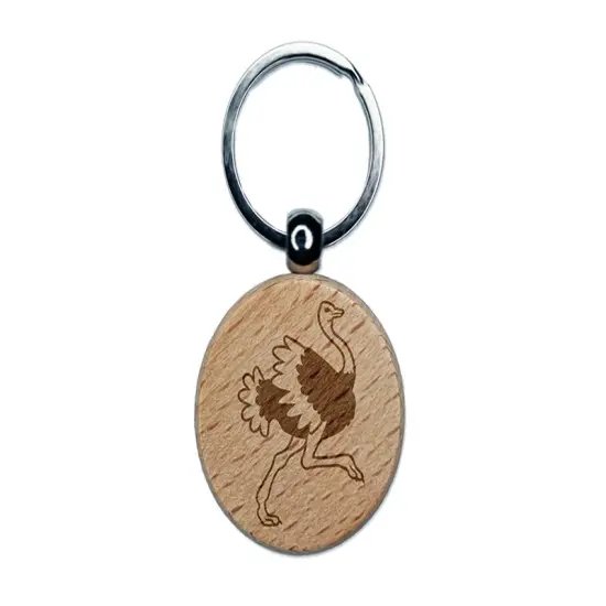 Ostrich Running Engraved Wood Round Keychain Tag Charm {1}