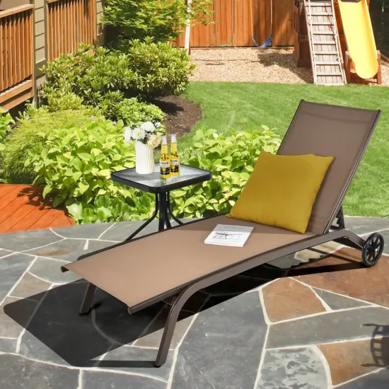 Adjustable Outdoor Chaise Lounge Chair with Wheels &ndash; Steel Frame, Breathable Fabric Brown {2}