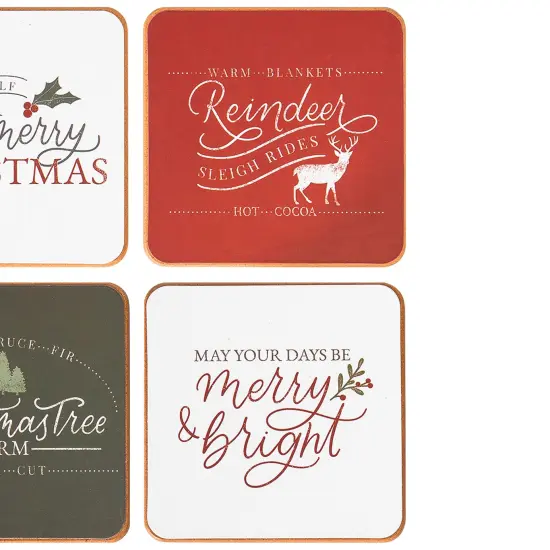 Tis The Season Sentiment Christmas Holiday Square Coasters in Red White and Green Backgrounds Set of 4 {4}