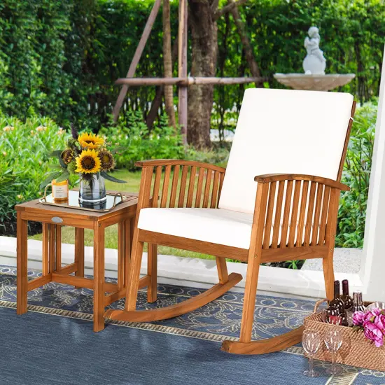 Costway 2PCS Acacia Wood Patio Rocking Chair Set Cushioned Coffee Table {2}