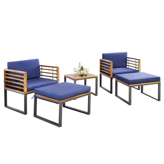 5 Piece Patio Acacia Wood Chair Set with Ottomans and Coffee Table-Navy {4}