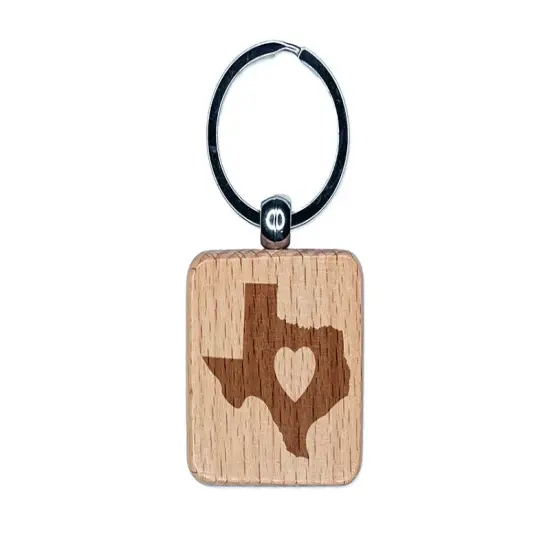 Texas State with Heart Engraved Wood Square Keychain Tag Charm {1}