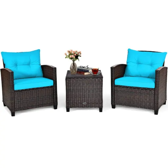 3 Pcs Patio Rattan Furniture Set Cushioned Conversation Set Coffee Table Turquoise {4}