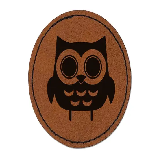 Adorable Little Hoot Owl Round Iron-On Engraved Faux Leather Patch Applique - 2.5" Brown {1}
