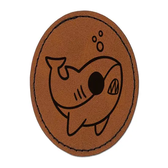 Sweet Kawaii Chibi Shark Round Iron-On Engraved Faux Leather Patch Applique - 2.5" Brown {1}