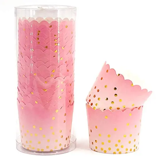 25 Pieces Party Hippo Cupcake Cups, 4.5 Oz Disposable Foil Muffin Liners, Gold Cupcake Baking Cups, Baking Cups (Gold Dots Pink) {1}