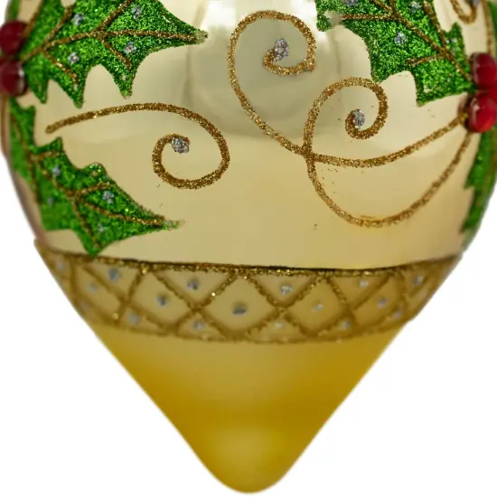 Northlight Set of 2 Golden Glitter Holly Finial Christmas Glass Ornaments 5" {5}