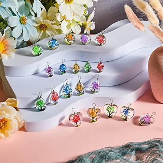 20 Pieces Dried Flower Pendant Dried Flower Tree Charms Resin Dried Pressed Flower Pendant Lacework Transparent Glass Ball Beads Round Floating Pendant Mixed Colors for Making Jewelry DIY Craft {4}