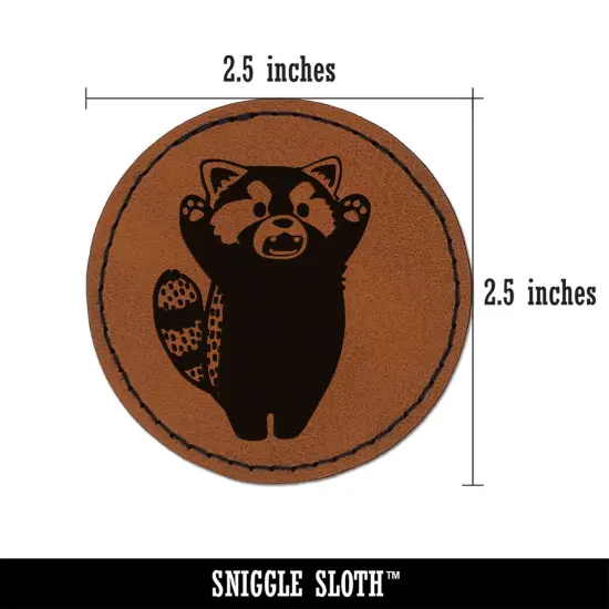 Surprised Red Panda Standing Round Iron-On Engraved Faux Leather Patch Applique - 2.5" Brown {2}