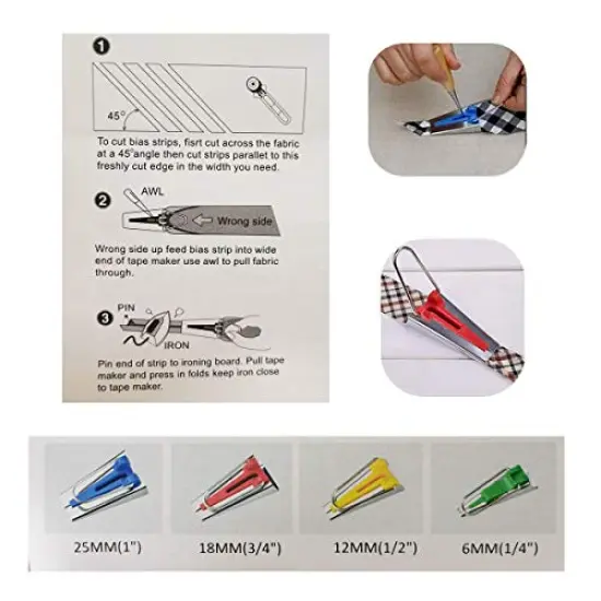 Bias Tape Maker Kits All 5 Sizes 6MM 9MM 12MM 18MM 25MM Binding Foot Craft Clips Awl Quilter's Pin {3}