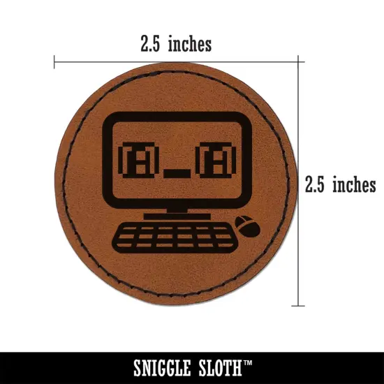 Excited Teary Eyed Kawaii Computer Face Emoticon Round Iron-On Engraved Faux Leather Patch Applique - 2.5" Brown {3}