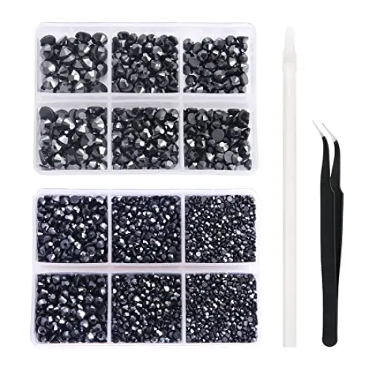 6616 Pieces Hotfix Rhinestones 5 Mixed Sizes FlatBack Crystal Rhinestones for Crafts Round Glass Gems with Tweezers and Picking Rhinestones Pen(Hematite Black) {2}