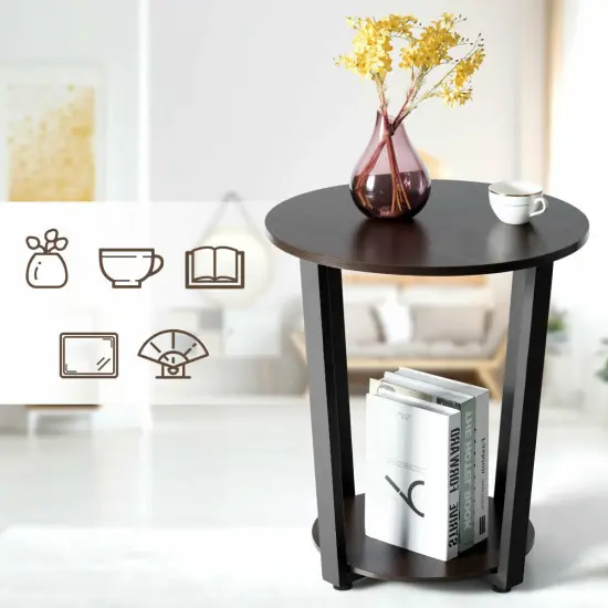 2-tier Round End Table with Storage Shelf and Metal Frame Walnut {4}