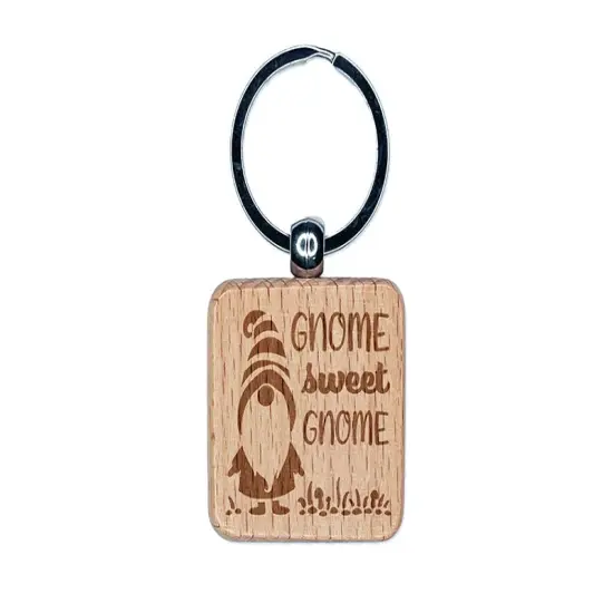 Gnome Sweet Gnome Home Striped Hat Engraved Wood Square Keychain Tag Charm {1}