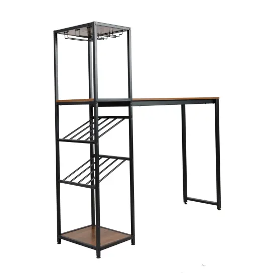 Merrick Lane Kramer Metal Bar and Wine Table with Bottle Storage and Hanging Stemware Holders WalnutTop/BlackFrame {1}
