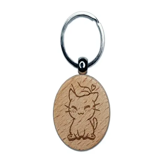 Satisfied Cat Kitty Headpat Engraved Wood Round Keychain Tag Charm {1}