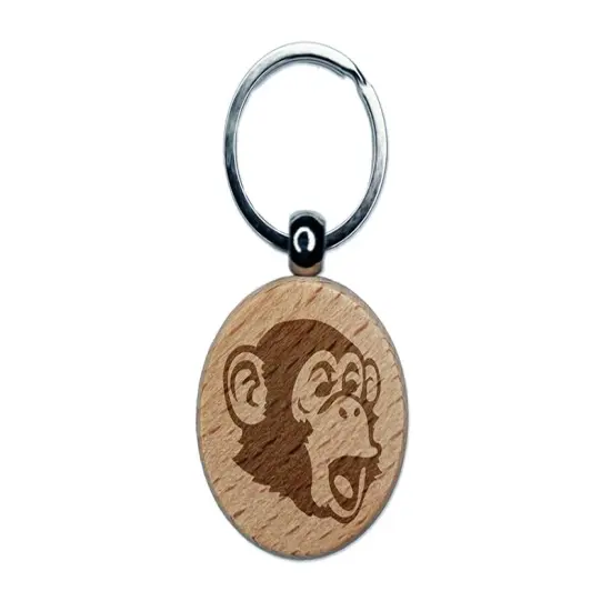 Surprised Chimpanzee Ape Head Monkey Engraved Wood Round Keychain Tag Charm {1}