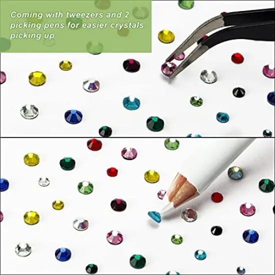 5400 Pieces Multicolor Rhinestones 12 Mixed Color Hotfix Rhinestones Flatback Gemstones and Crystals for Halloween Costume Accessories, Crafts with Tweezers and 2 Picking Pens {5}