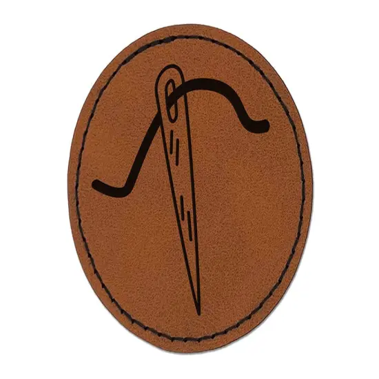 Sewing Needle and Thread Round Iron-On Engraved Faux Leather Patch Applique - 2.5" Brown {1}