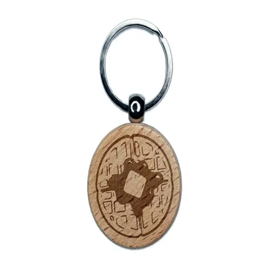 Breakfast Waffle Butter Syrup Engraved Wood Round Keychain Tag Charm {1}