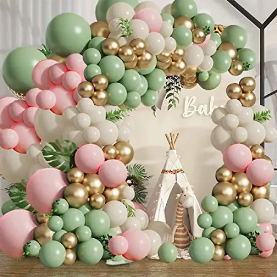 133 Pieces Green Pink Balloons Garland Kit, Olive Green Blush Pink Sand White Metallic Gold Balloons for Girl Baby Shower Bridal Shower Wedding Birthday Jungle Safari Woodland Party Decorations… {1}