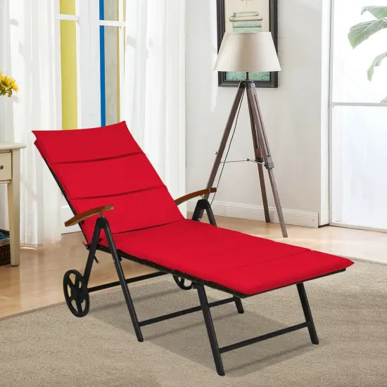 Folding Patio Rattan Lounge Chair with Wheels-Red {1}