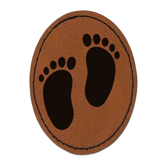 Baby Footprints Round Iron-On Engraved Faux Leather Patch Applique - 2.5" Brown {1}
