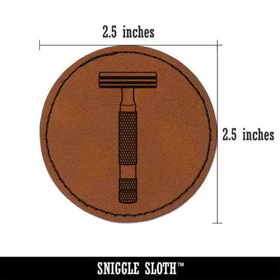 Razor Shaving Blade Round Iron-On Engraved Faux Leather Patch Applique - 2.5" Brown {3}