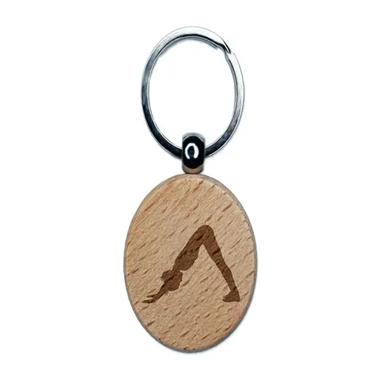 Yoga Downward Facing Dog Pose Engraved Wood Round Keychain Tag Charm {1}