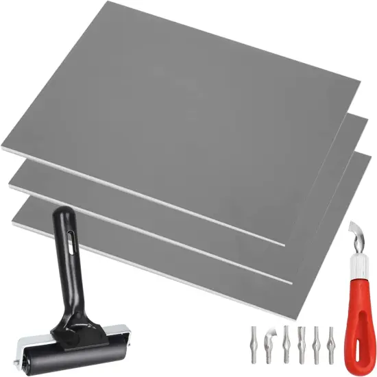 Pixiss Printmaking Supplies - Linoleum Blocks for Printmaking (3 Pack) 8"x10"x1/8" and Linocut Tools - Rubber Roller and Linocut Carving Tool for Block Printing Kit - Linoleum Stamp Making Kit {1}