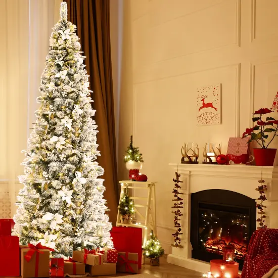 Costway 5ft/6ft/7ft/8ft Pre-lit Snow Flocked Christmas Tree w/ Berries & Poinsettia Flowers {1}