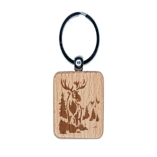 Wild Moose in Rocky Mountains Nature Engraved Wood Square Keychain Tag Charm {1}