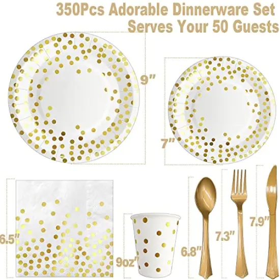 350 Pieces White and Gold Plastic Dinnerware Set, Includes 9" Dinner Plates, 7" Dessert Plates, 9oz Cups, Napkins, Forks, Knives, Spoons {1}