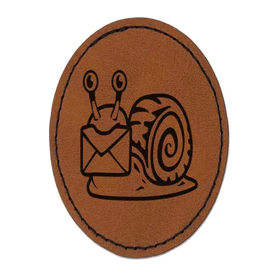 Cute Snail with Mail Gastropod Round Iron-On Engraved Faux Leather Patch Applique - 2.5" Brown {1}