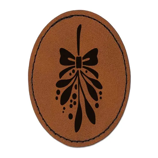 Christmas Mistletoe Round Iron-On Engraved Faux Leather Patch Applique - 2.5" Brown {1}