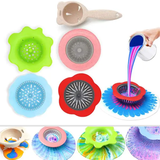 Acrylic Pouring Strainers, Angela&Alex 5 PCS Flow Painting Tools Christmas DIY Kits Drawing Sets Flower Strainers Plastic Silicone Drain Basket Unique Pattern Train Art Supplies {1}