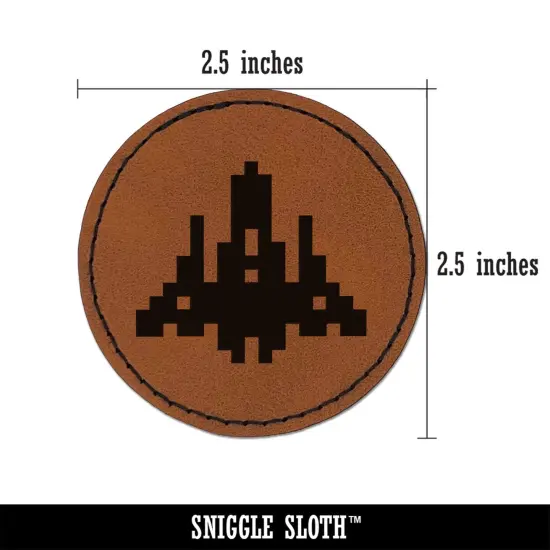 Retro Invaders from Space Rocket Ship Round Iron-On Engraved Faux Leather Patch Applique - 2.5" Brown {3}
